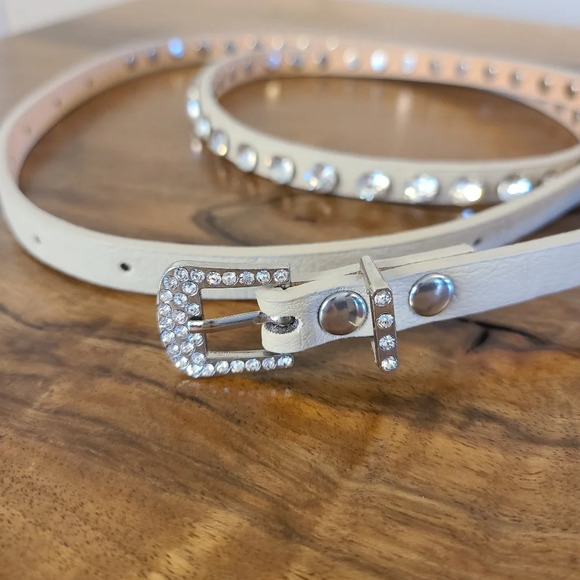 Y2K Ivory Rhinestone Studded Skinny Belt - Picture 1 of 4